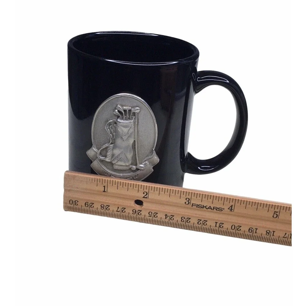 Golf Coffee Cup Mug Black 3-D Embossed Pewter‎ Emblem Golfer Dad Gift